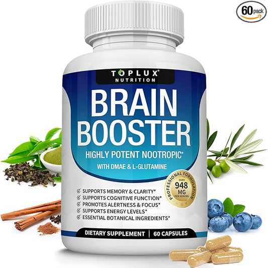 Toplux Brain Supplement Nootropic – Brain Pills Vitamin with DMAE, Bacopa Monnieri, L-Gutamine, for Men Women, 60 Capsules, Nutrition
