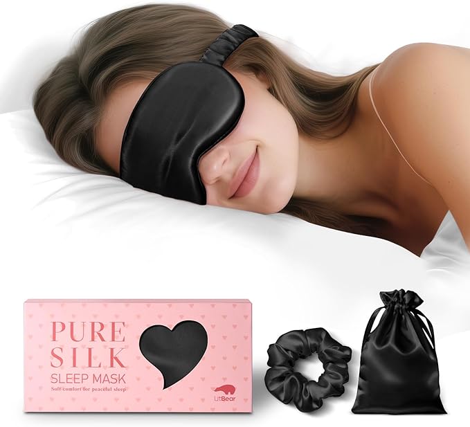 LitBear 100% Pure Silk Sleep Mask, 22 Momme 6A Mulberry Silk Fabric and Filling, Total Light Blocking Eye Mask Sleeping for Women, Men, Side Sleepers, Includes Travel Pouch and Scrunchie