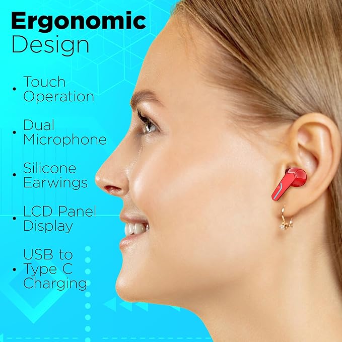 MyJoy Cool Wireless Gaming Earbuds, Bluetooth 5.3 Noise Cancelling Earbuds with Mic, Low Latency, LED Light Charging Case – Red