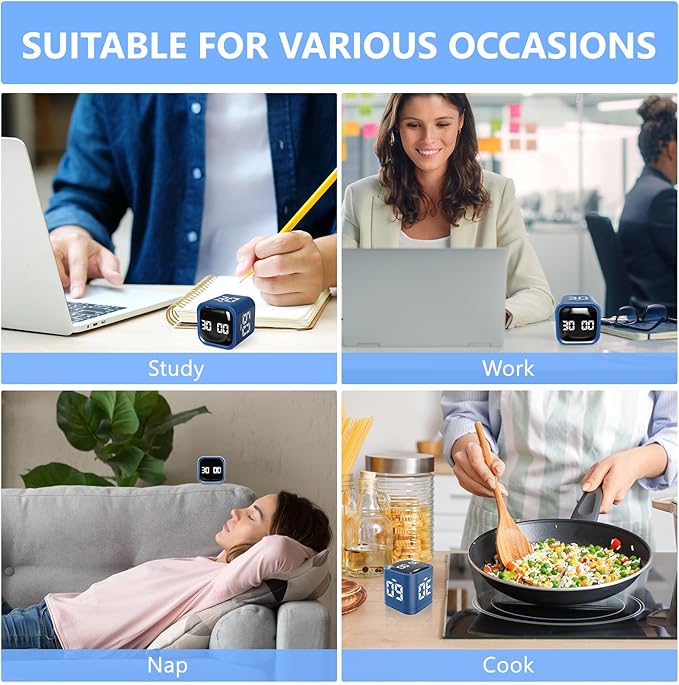 GuDoQi Multi-Function Cube Timer, 5/10/30/60 Min & Custom Count Down, Included Pause & Resume Feature, Silent, Vibrate & Adjustable Sound Alarm for Productivity in Tasks,Study & Kitchen, Classic Blue