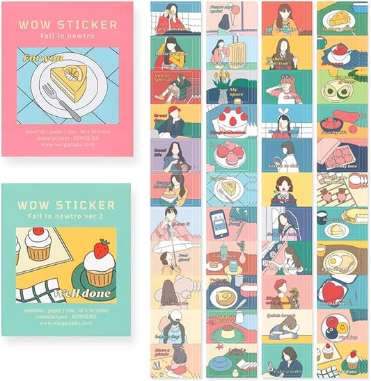 Monolike Wow Sticker Fall in newtro ver.1 + ver.2 Set - Mini Size Cute Stickers, Square Stickers