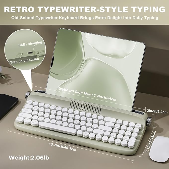 YUNZII Upgraded Wireless Keyboard, Retro Typewriter Style with Integrated Stand, USB-C/Bluetooth with Cute Round Keycaps for Multi Device for Win/Mac (B309, Sweet Mint)