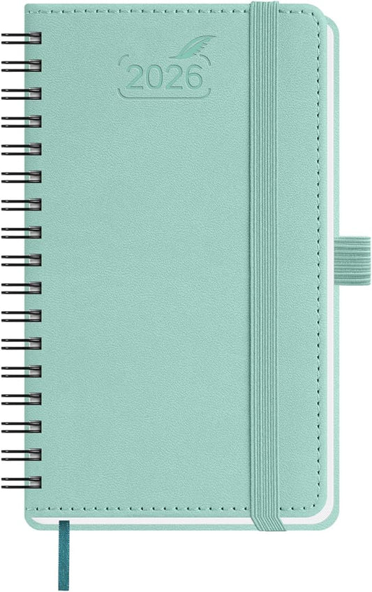 BEZEND Pocket Calendar 2026 Weekly and Monthly (3.5" x 6" Spiral) Small Daily Planner for Purse (Jan-Dec) with Notes & Expenses, Inner Pocket, Pen Holder, Vegan Leather Softcover - Mint Green