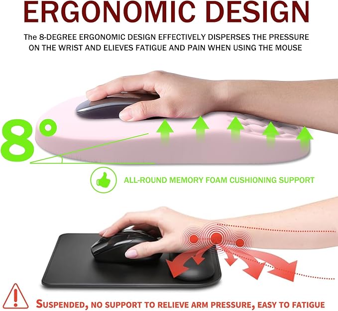 Ergonomic Mouse Pad Wrist Support, with Memory Foam & Non-Slip PU Base, Comfortable Massage Design Mouse Pad Relieve Wrist Fatigue&Pain, Suitable for Computer, Office and Home(01Pink)