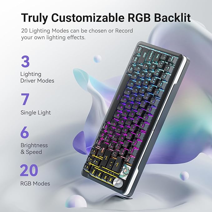 Redragon K708 Pro Wireless Mechanical Gaming Keyboard - Gasket-Mounted RGB Backlit, 81 Customizable Keys, 3-Mode (2.4G/Bluetooth/USB), Hot-Swap Pre-Lubed Switches, Screen & Control Knob - Black