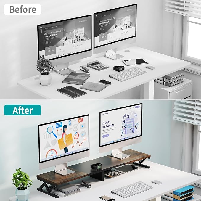 Dual Monitor Stand Riser, Large Wood Monitor Riser for 2 Monitors, Monitor Lift with Storage for Desk, Sturdy Wood&Steel Multi Screen Stand, Desktop Organizer Monitor Stand for Computer