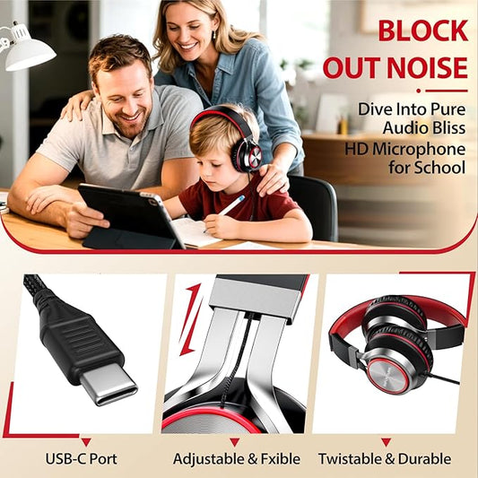 INFURTURE USB C Headphones with Mic,Volume Control,Tangle-Free Plaiting Line,Type C Headphones Wired,Lightweight Foldable for iPhone 15/16 Headphone Series/Tablet/School/Travel/Sports/Audiobooks