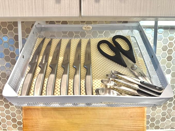 Everything Keeper - Organizer for Home, Kitchen, Bathroom, RV, Small Spaces - Storage Organizers - Compact Metal Basket - Under Cabinet Holder - Easy Install - Holds Strong - 13 x 10 x 2.5 in - Black