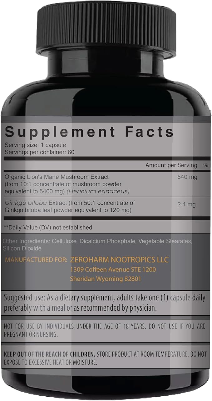 Lions Mane Supplement Organic Capsules - With Ginkgo Biloba - Cognitive Health, Focus & Memory Support - Natural Superfood for Brain, Energy & Immune Health - Non GMO- 60 Caps - 2 Month Supply