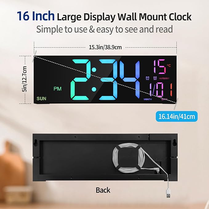 LEIKE 16.2'' Large Digital Wall Clock with Remote Control, Big LED/Dual Alarm/8 RGB Colors/Auto Brightness/Date/Auto DST/Temperature/Night Light Gym Clocks for Living Room Bedroom Office Wall Decor