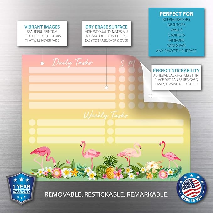 Dry Erase Whiteboard Task Planner | Removable and Restickable Adhesive Decal | Fine-Tip Magnetic Marker Included (9 x 12 inches, Tropical)