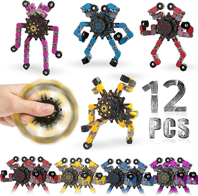 12 Pack Funny Sensory Fidget Toys,Deformable Chain DIY Robot Spinners Fingertip Stress Relief Gyro Toy Birthday Gifts Christmas Goodie Bag Stuffers Classroom Prizes Party Favors for Kids Adults