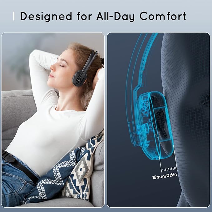 EKSA Trucker Bluetooth Headset, Wireless Headset with Microphone AI Noise Canceling, On Ear Bluetooth Headphone with Mute for Driver Office Call Center Computer Skype