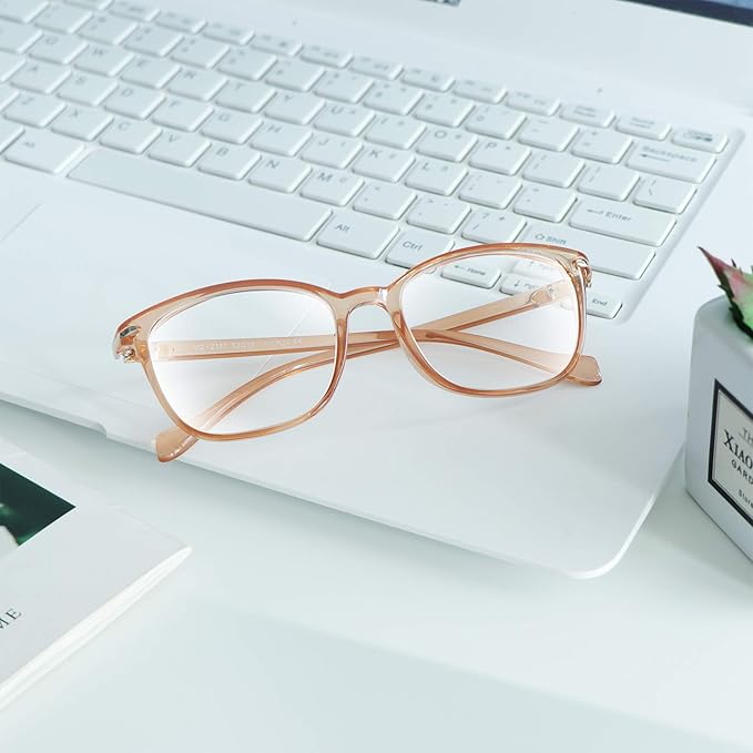 VisionGlobal Blue Light Blocking Glasses for Women/Men, Anti Eyestrain, Computer Reading, TV Glasses, Stylish Square Frame, Anti Glare(Champagne,+4.25 Magnification)