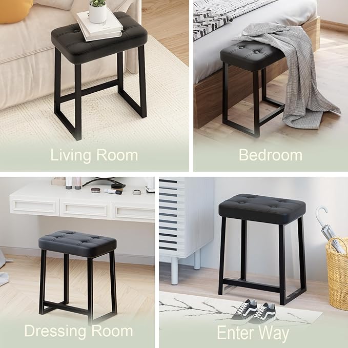 Vanity Stool Chair, Makeup Stool for Vanity,Small Ottoman Footrest for Bathroom, Bedroom, Living Room, Entryway, Offices，Leather &Metal Legs with Anti-Slip Feet, Black