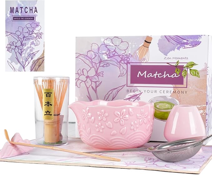Matcha Whisk Set, Matcha Set 7 Pcs, Ceramic Matcha Bowl with Spout, Bamboo Chasen Whisk & Holder, Scoop, Sifter, Tea Towel, Ideal Gift Christmas, Birthday(Pink)
