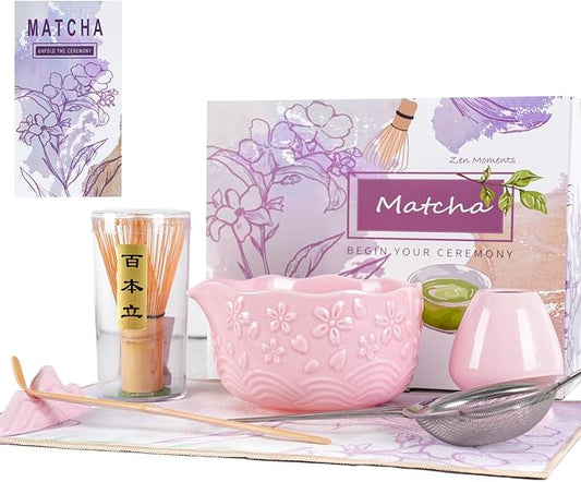 Matcha Whisk Set, Matcha Set 7 Pcs, Ceramic Matcha Bowl with Spout, Bamboo Chasen Whisk & Holder, Scoop, Sifter, Tea Towel, Ideal Gift Christmas, Birthday(Pink)