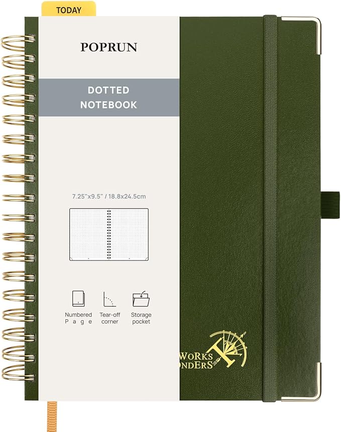 POPRUN Spiral Dotted Journal Notebook, B5(18,8 x 24,5 cm) 120 GSM Thick Paper, 220 Numbered Pages, Hardcover for Men & Women with Pocket, Index Tabs, 8 Perforated Sheets, Olive
