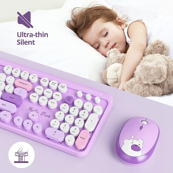 GTSP Typewriter Purple Keyboard and Mouse Wireless, Cute Keyboard 2.4G Office Full-Size Retro with Round Keycaps for Laptop PC Desktops（Purple）