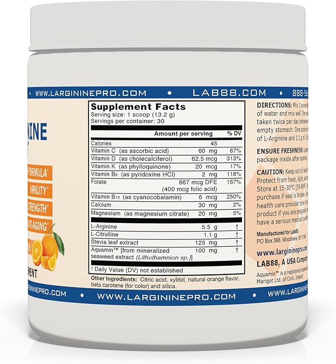 L-ARGININE PRO | 5,500mg L-Arginine Plus L-Citrulline 1,100mg Orange & Raspberry Powder Drink Mix Supplement for Increased Nitric Oxide Production