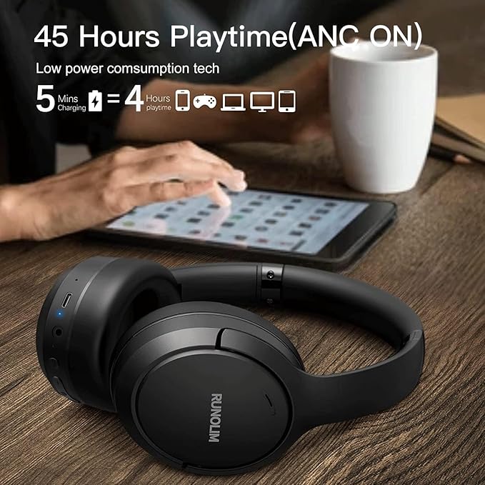 RUNOLIM Hybrid Active Noise Cancelling Headphones, Wireless Over Ear Bluetooth Headphones with Microphone, 70H Playtime, Foldable Headphone with HiFi Audio, Deep Bass for Home Travel Office