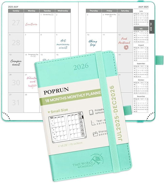 POPRUN Pocket Monthly Planner 2025-2026 (Pocket- 4''x 6.25''Soft Leather Cover) - 18 Month Calendar Book for Purse (Jul.2025-Dec.2026), 100 GSM Thick Paper - Green