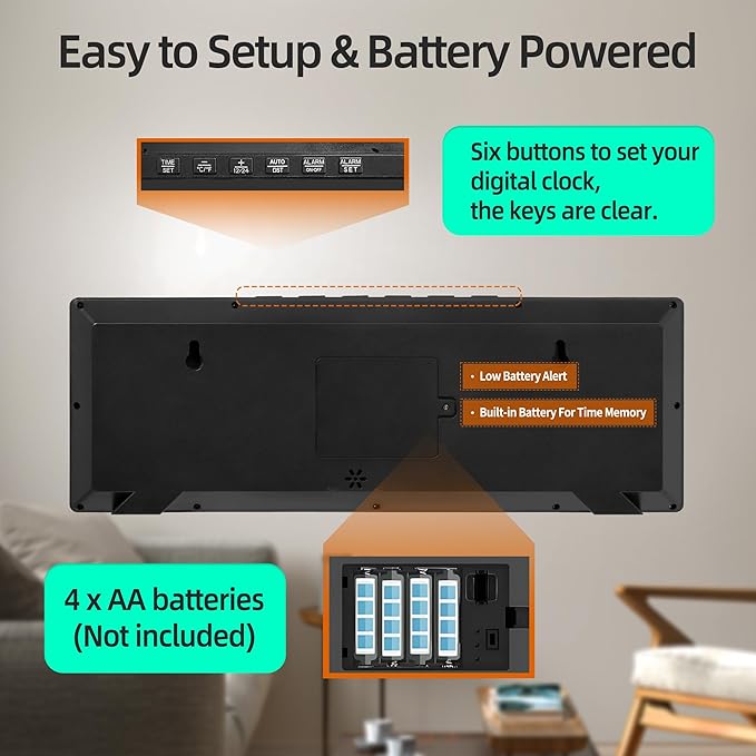 Digital Wall Clock Battery Operated, 15" Digital Clock Large Display with Date and Day of Week, Large Number with Temperature, Auto DST, Alarm, Snooze, 12/24-hour for Desk Office