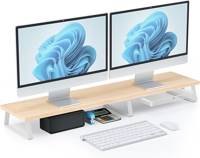 Large Dual Monitor Stand Riser - Monitor Stand for 2 Monitors, Wooden Computer Stand For Desk with Metal Legs, Desk Organizers and Storage With Drawer, Desk Shelf for Computer/Laptop/Printer/TV, Oak