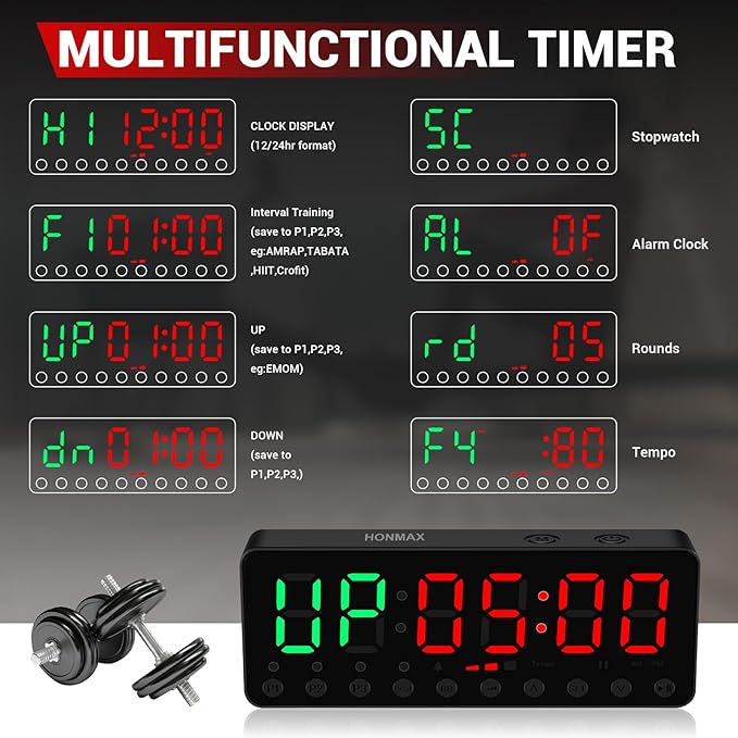 Portable Gym Timer, Fitness Timer Clock, Home Garage Gym Workout Timer, Built-in Strong Magnet and Lithium Battery and Beat Function, Large LED Digital Anti-Vertigo Display(Black+Black)