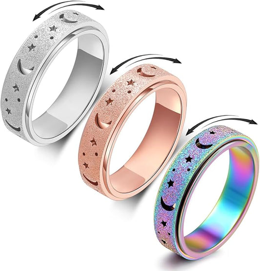 OreilleStar Anxiety Ring for Women Spinner Ring Fidget Ring Fidget Toys Adults Spinner Fidget Rings Stainless Steel Rose Gold Silver Rainbow Size 6
