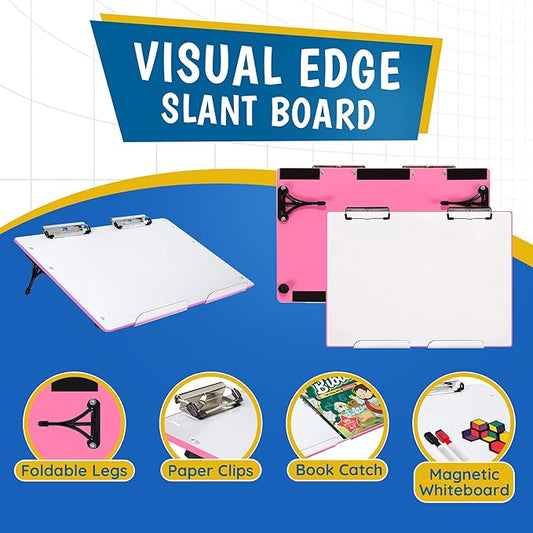 Slant Board for Writing - Adjustable Magnetic Whiteboard & 22° Angle Ergonomic Desk for Reading, Writing, & Drawing for Students, Teachers – Ideal for Posture, Study, & Orientation – Pink