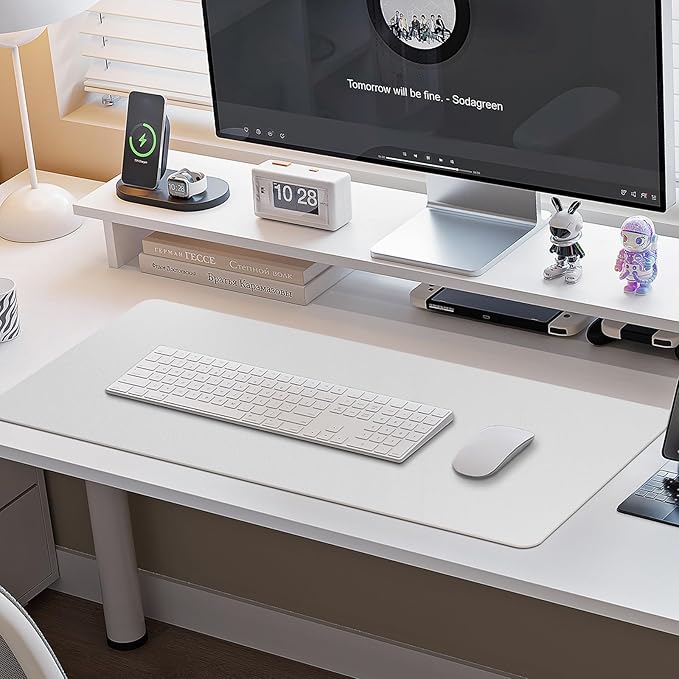 Boutilon Leather Desk Pad Protector,Non-Slip Mouse Pad,Laptop Desk Pad,Office Mouse Mat,Waterproof Leather Desk Blotter,Desk Writing Pad for Office and Home (L-White,35"x 17")