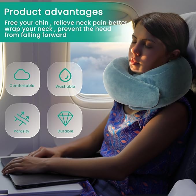 Badink®Memory Foam Neck Travel Pillow, Neck Pillow Airplane with MagicStrap – Adjustable Ergonomic Travel Pillow for Office/Airplane/Car, Washable Cover, Portable Cervical Support(Peacock Blue)