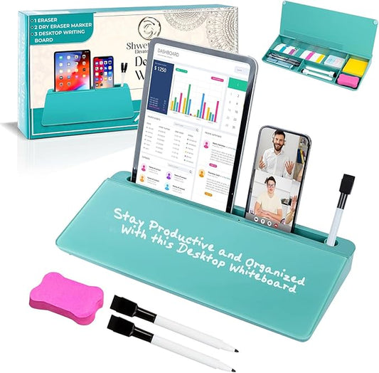 Glass Desktop Whiteboard for Quick Notes & Reminder – Desk Storage with Drawer – Compact Desk Organizer Whiteboard – Small Dry Erase Board - Desktop Accessories for Home Office (Turquoise)