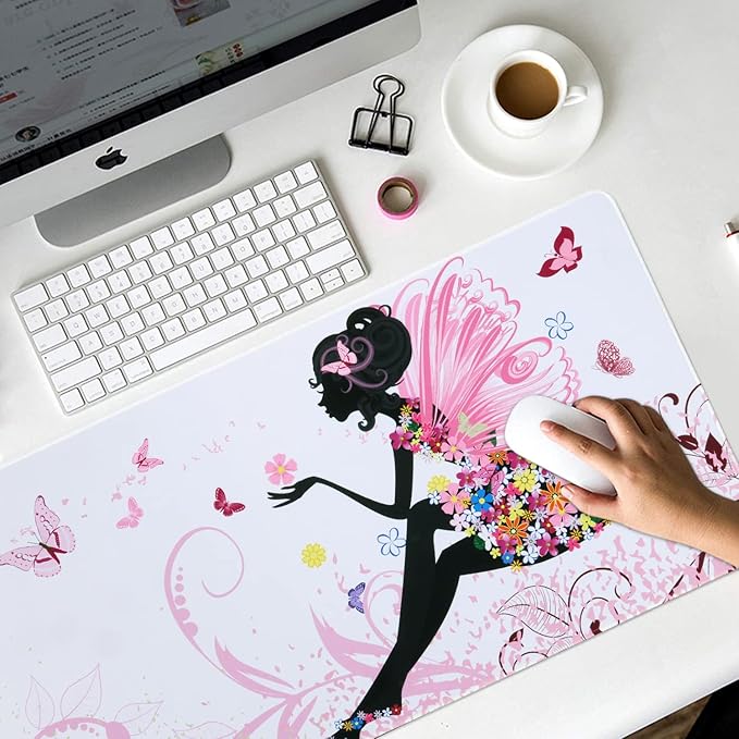 iCasso Extended Gaming Mouse Pad (35.4x15.7 in), Large 3mm Non-Slip Rubber Base Mousepad with Stitched Edges, Waterproof Keyboard Mouse Mat Desk Pad for Work, Game, Office, Home - Butterfly Girl