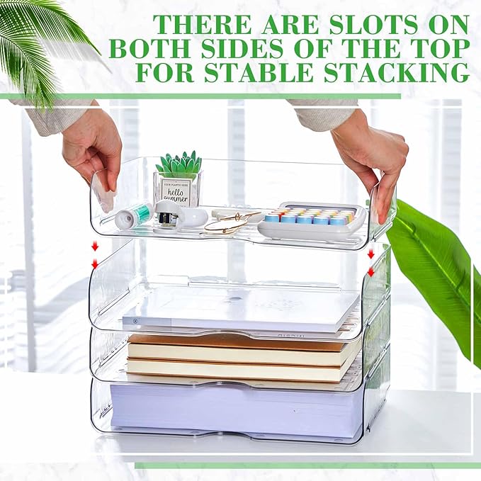 Juexica 4 Pcs Stackable Clear Letter Trays Organizer for Desk A4 Size File Paper Organizer Acrylic Desk Organizer Trays with Anti Skid Bottom for Home Office School (Horizontal Opening Style)
