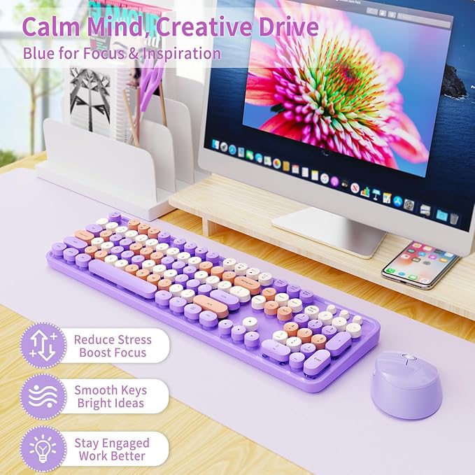Wireless Keyboard and Mouse Combo, Retro Typewriter Keyboard with Round Keycaps, Full-Size Ergonomic, Purple, Ideal for Windows PC, Home, Office, and College