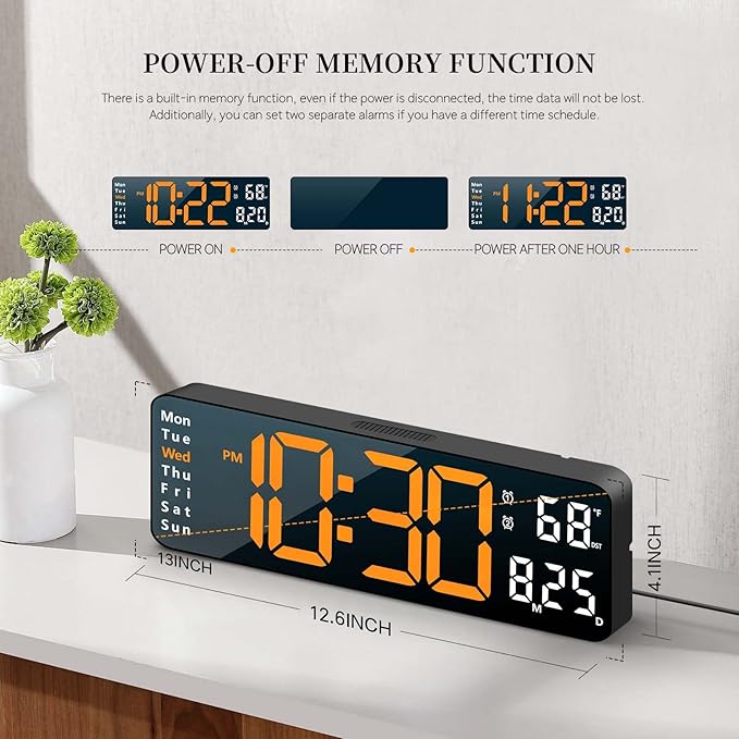 Digital Wall Clock for Living Room Decor, Desk Alarm Clock for Bedroom, Large Wall Clock with Remote Control, Automatic Brightness Dimmer LED Clock with Date Temperature Week (Orange-B)