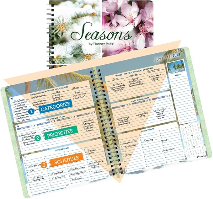 Planner Pad Spiral Bound 3-Tier Funnel Down 12 Month Organizer, July 2025 – June 2026 / Academic Year, Seasonal Color Ink, 6 3/4" x 8 1/2"