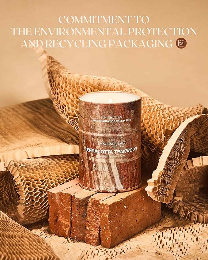 M&SENSE Terracotta Teakwood Scented Candles Natural Non Toxic, Aromatherapy Candle for Stress Relief Meditation Relaxing, Housewarming Gifts for Women Men, 11.3oz 70 Hour Long Burning