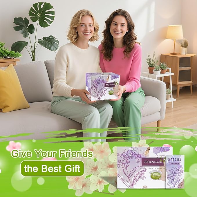 Matcha Whisk Set, Matcha Set 7 Pcs, Ceramic Matcha Bowl with Spout, Bamboo Chasen Whisk & Holder, Scoop, Sifter, Tea Towel, Ideal Gift Christmas, Birthday(Green)