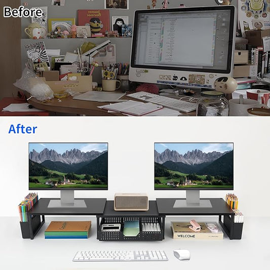 Desk Dual Monitor Stand Riser - Desk Organizer with Drawer and Pen Holders, Office Desk Accessories & Workspace Organization, Computer Monitor Stand for Laptop, Printer, TV(Black Wood)
