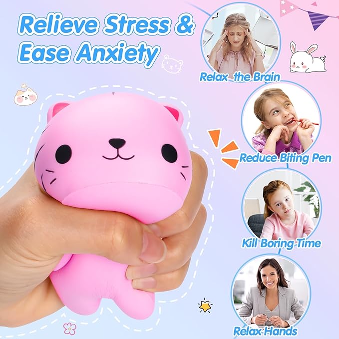 Cat Squishies Stress Balls for Adults Kids: 6PCS Jumbo Animal Squishies Slow Rising Fidget Sensory Toys Classroom Prizes Party Favors Valentines Gifts Easter Goodie Bags Christmas Stocking Stuffers