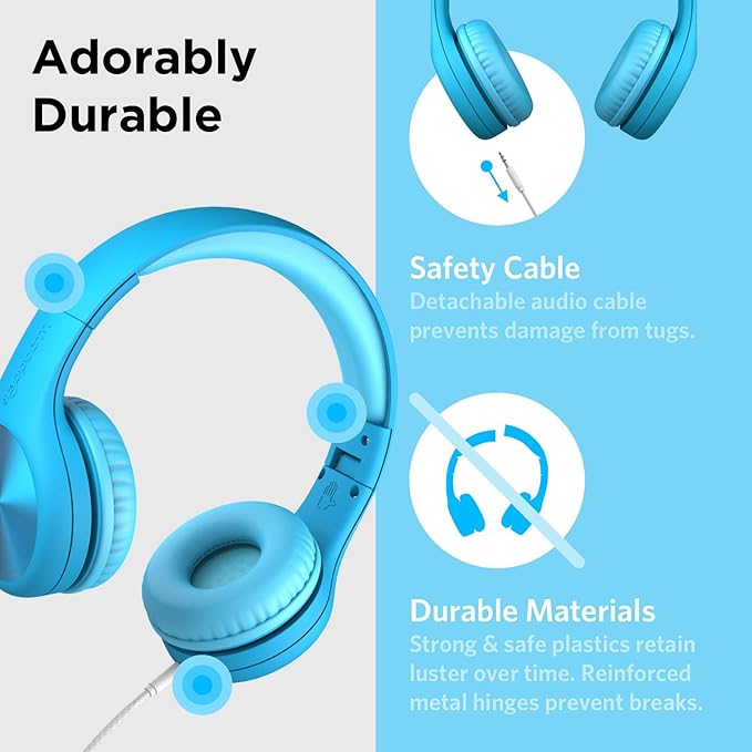 LilGadgets Connect+ Pro Wired Kids Headphones for School w/Microphone, Volume Limiting & Noise Reduction Over-Ear Headset with Cord, SharePort Technology & SoftTouch Padding, Blue Headphones for Kids