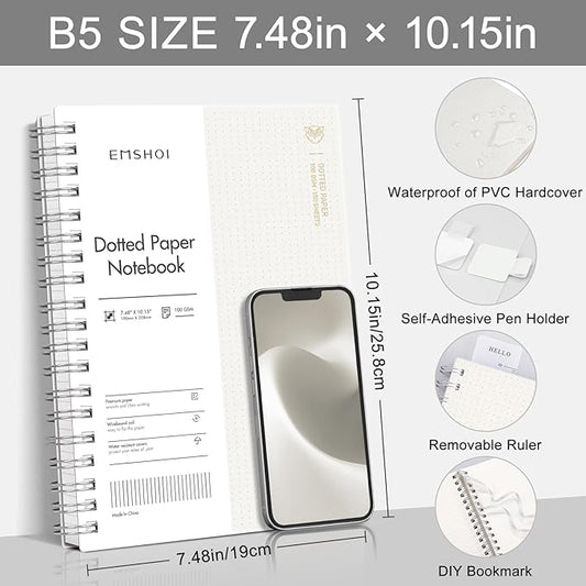 EMSHOI B5 Spiral Dotted Notebook - Bullet Dot Grid Journal with 300 Pages of 100gsm Thick Paper, Waterproof Softcover Notebook for School, Work & Writing - 7.48”x10.15”, Transparent