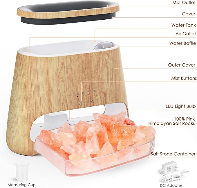 SALKING 2-in-1 Ultrasonic Essential Oil Diffuser & Himalayan Salt Lamp, Aromatherapy Diffuser Cool Mist Humidifier with Auto Off Function, 100% Pure Himalayan Pink Salt Rock, 150ml (Wooden Grain)