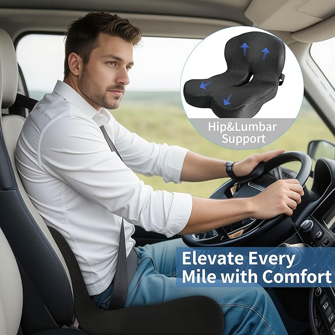 Memory Foam Seat Cushion,Office Chair Cushion with Lumbar Support for Back Pressure Relief, Car Seat Cushion with Adjustable Strap,Sciatica Pad Cushions for Car,Truck (Black+Mesh Cloth)