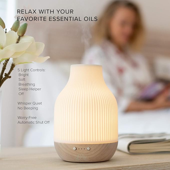 Essential Oil Diffuser Lamp, White Ceramic + Wood, Ultrasonic 180ml, Whispersoft, 4 Timers + 5 Light Settings, Auto Shut Off, Home + Office, Humidifier Air Purifier Aromatherapy