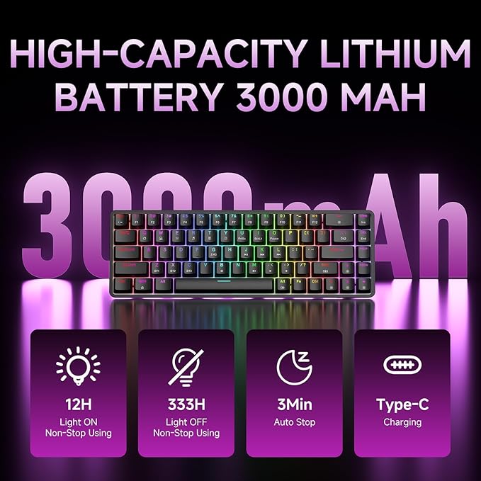 DIERYA DK68 60% Wireless Mechanical Gaming Keyboard, Triple Mode 2.4GHz/USB-C/BT5.0 with Red Switch, RGB Backlit, Anti-Ghosting Keys, 68 Keys Portable Mini Wired Office Keyboard-Black