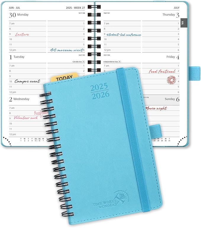 POPRUN Pocket Planner 2025-2026 (Purse Size 4'' x 6.25'') Academic Purse Calendar (July 2025 - June 2026) with Hourly Time Slots, 100GSM Thick Papers, Spiral Leather Cover - Blue Green